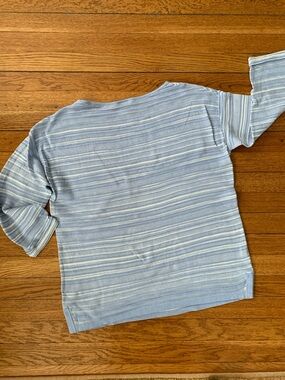 Ann Taylor Factory Light Blue & White Striped 3/4 Cuffed Sleeve Knit top